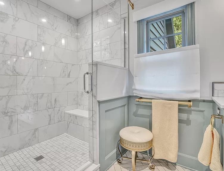 Custom Shower, Frameless, White Tile With Gray Veining