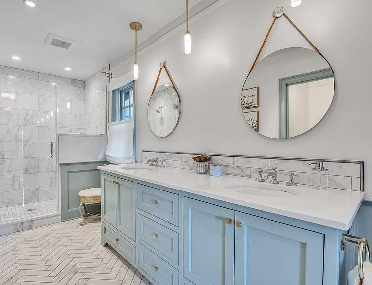 Round Decorative Mirrors, Herringbone Floor Tile, Custom Light Blue Vanity